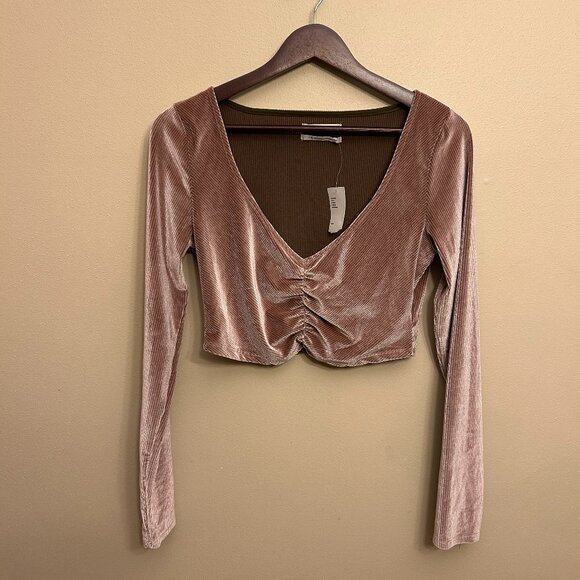 NWT Urban Outfitters Paradox Ruched Cropped Long Sleeve Top Mauve Pink Sz Large - Picture 1 of 13